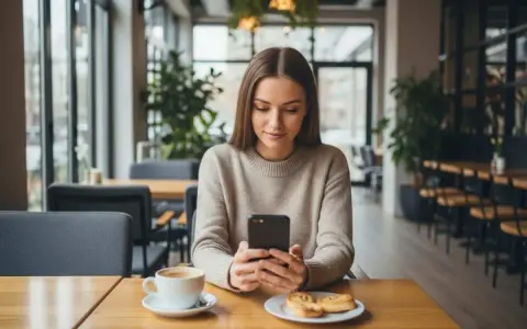 Une jeune femme consulte son téléphone dans un café, se demandant combien de temps attendre après un premier rendez-vous.