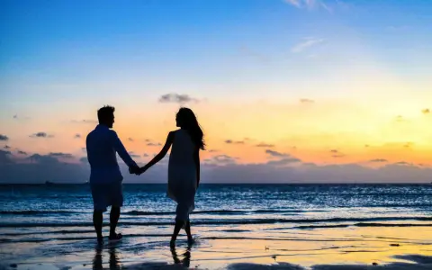 Silhouettes d'un couple se tenant la main sur une plage au coucher du soleil. Il tient à moi mais n'est pas amoureux, juste un ami.
