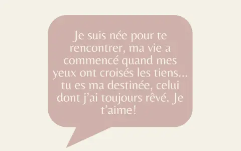 Bulle rose avec un message : "Je suis née pour te rencontrer, ma vie a commencé quand mes yeux ont croisés les tiens... tu es ma destinée, celui dont j'ai toujours rêvé. Je t'aime!