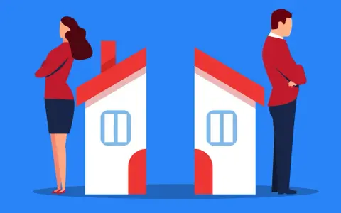 Un couple non cohabitant face à un problème : deux maisons séparées symbolisent leur distance.