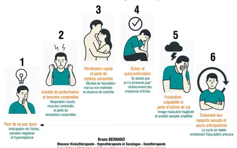 Schéma illustrant le cercle vicieux de l'éjaculation précoce. Un homme excité ressent de l'anxiété, puis une frustration, menant à l'évitement.