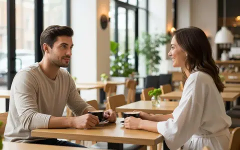 Un homme séducteur et une femme souriante partagent un café. Les signes de complicité sont évidents dans leur regard.