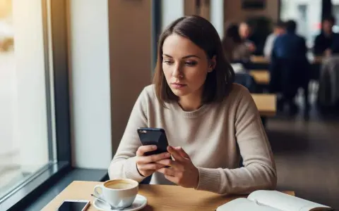 Femme pensive au café, son téléphone à la main. Elle se demande comment savoir si un homme voit plusieurs femmes, cherchant des indices dans ses messages.