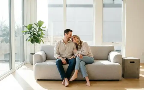 Couple complice sur un canapé, profitant d'un moment de tendresse. Le manque d'intimité dans le couple est ici absent, remplacé par une connexion palpable.