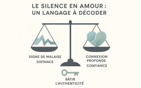 Balance symbolisant le silence en amour : d'un côté, le malaise et la distance ; de l'autre, connexion et confiance. La clé pour bâtir l'authenticité.