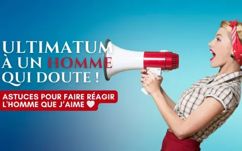Une femme au style rétro utilise un mégaphone pour poser un ultimatum à un homme indécis. "Astuces pour faire réagir l'homme que j'aime".