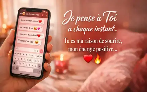 Un téléphone affiche des SMS romantiques, dont un "Vivement ce soir !" pour confirmer un rendez-vous amoureux.
