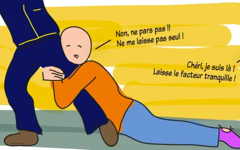 Un homme supplie l'autre de ne pas partir, le serrant fort. "Chéri, je suis là ! Laisse le facteur tranquille !" dit-il, montrant son envie de lui.