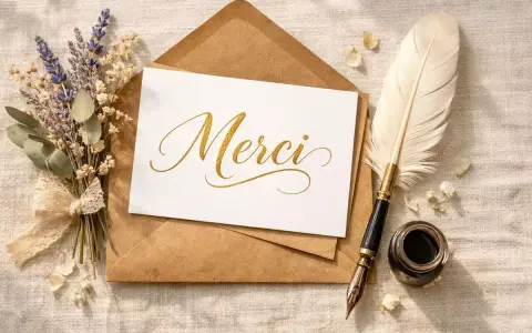 Une carte "Merci" dorée, une plume d'oie, un encrier et un bouquet de lavande sur une enveloppe. Merci pour ta présence dans ma vie.