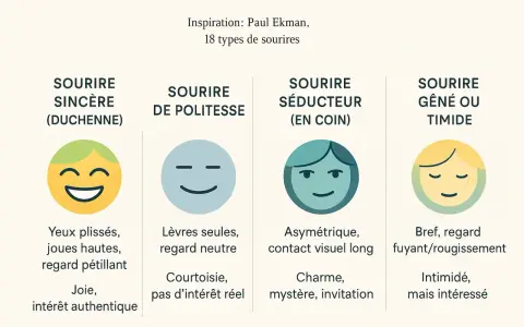 Quatre types de sourires illustrés : sincère, de politesse, séducteur et gêné. Le sourire sincère montre une personne intéressée et joyeuse.