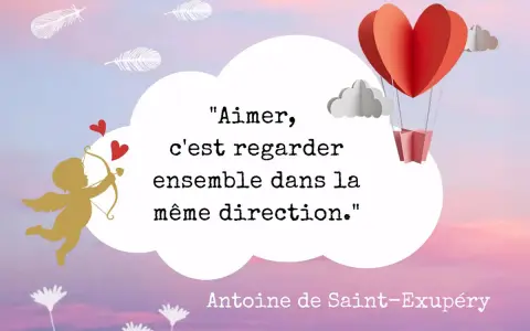Un ange d'or tire une flèche, entouré de cœurs et de plumes. Une phrase qui touche un homme : "Aimer, c'est regarder ensemble dans la même direction.