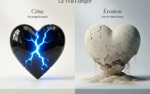 Cœur noir fissuré par des éclairs bleus et cœur en pierre s'effritant en sable. Deux dangers en amour, une crise éclatante et une érosion silencieuse, c'est perdre son temps en amour.