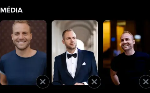Profil d'un homme souriant, en tenue décontractée, en costume, et en t-shirt noir. Un tinder homme prêt à matcher.