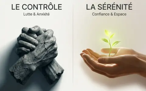 Deux mains en pierre brisée symbolisent le contrôle et l'anxiété. À côté, des mains douces protègent une jeune pousse lumineuse, invitant à apprendre à aimer la sérénité.