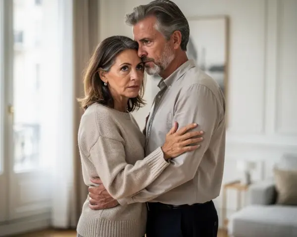 Couple âgé s'étreignant, le regard perdu, une tristesse palpable suggérant un zero libido.