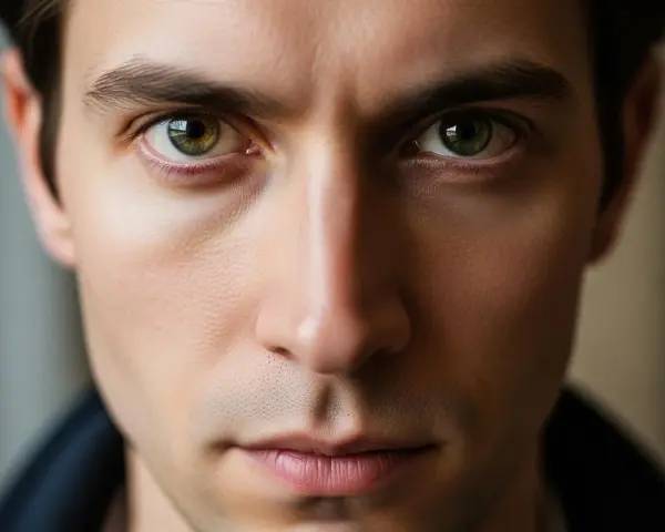 Gros plan sur le visage d'un homme, ses yeux verts fixent intensément, une expression captivante.
