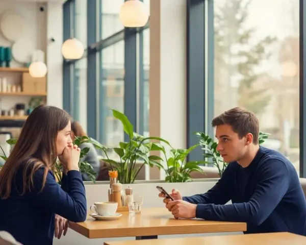 Une jeune femme songeuse, pensant "je suis jolie mais je ne plais pas aux hommes", face à un homme absorbé par son téléphone dans un café.