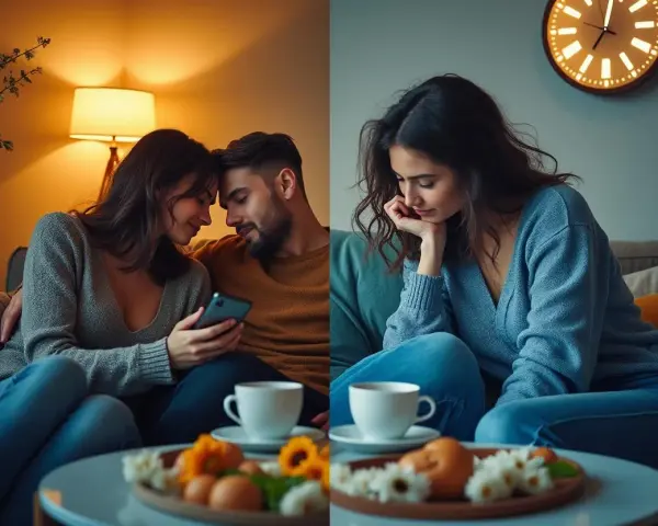 Un couple complice sur son téléphone, le **libido augmente**. À côté, une femme pensive, le regard perdu, une tasse de café à portée de main.