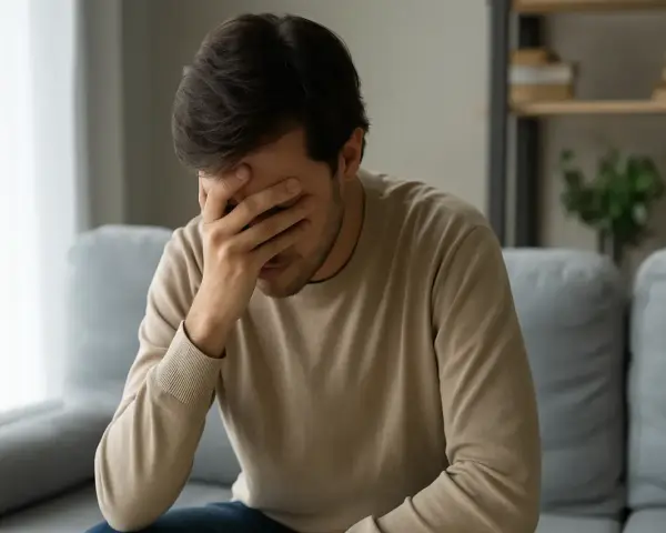Un homme, le visage caché dans ses mains, semble accablé. Il se dit que tu n'as pas de temps pour moi.