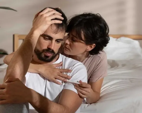 Une femme réconforte son mari, visiblement bouleversé, tenant un test de grossesse. Mon mari n'est pas affectueux, mais il est là pour moi.
