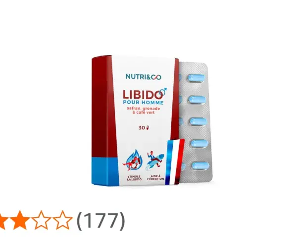 Boîte de "Libido pour Homme" de Nutri&Co, une vitamine pour augmenter la libido chez l'homme, avec sa plaquette de gélules bleues.