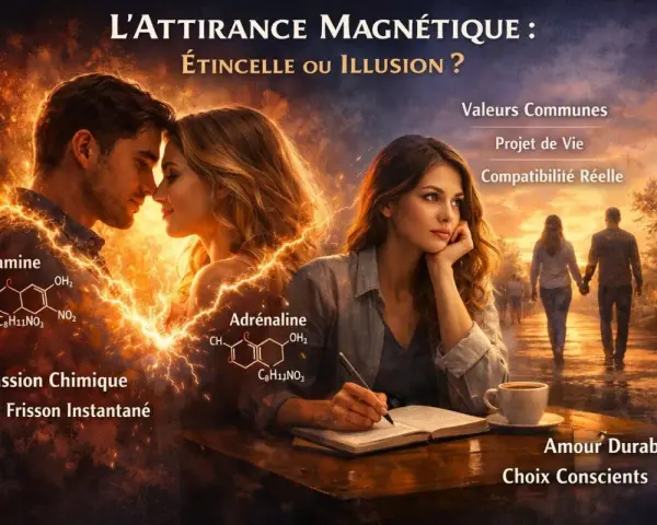 Une personne intense, au regard pensif, médite sur l'attirance magnétique, entre passion chimique et amour durable.