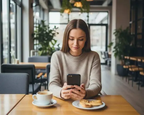 Une jeune femme consulte son téléphone dans un café, se demandant combien de temps attendre après un premier rendez-vous.