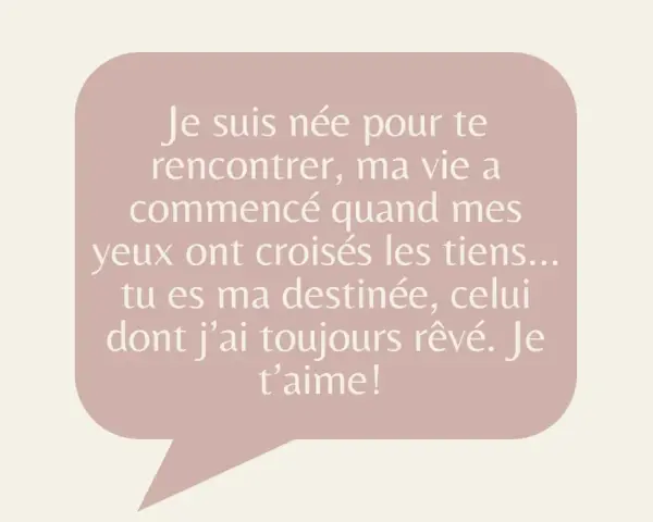 Bulle rose avec un message : "Je suis née pour te rencontrer, ma vie a commencé quand mes yeux ont croisés les tiens... tu es ma destinée, celui dont j'ai toujours rêvé. Je t'aime!