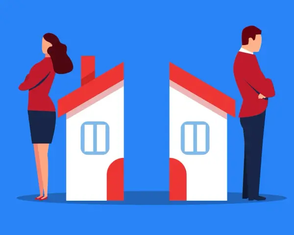 Un couple non cohabitant face à un problème : deux maisons séparées symbolisent leur distance.