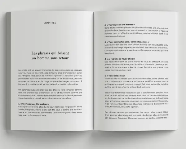 Chapitre 3 : Comprendre les sous-entendus des hommes. Les mots peuvent détruire. Ce texte explore les phrases qui blessent profondément un homme, affectant son identité et sa valeur.