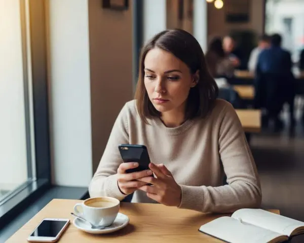 Femme pensive au café, son téléphone à la main. Elle se demande comment savoir si un homme voit plusieurs femmes, cherchant des indices dans ses messages.