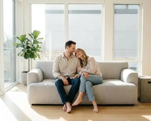 Couple complice sur un canapé, profitant d'un moment de tendresse. Le manque d'intimité dans le couple est ici absent, remplacé par une connexion palpable.