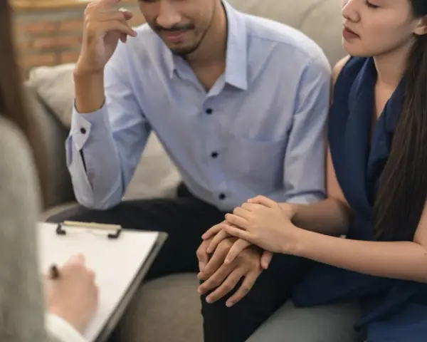 Un couple se tient la main lors d'une séance avec le meilleur psychologue pour couple, cherchant à améliorer leur relation.