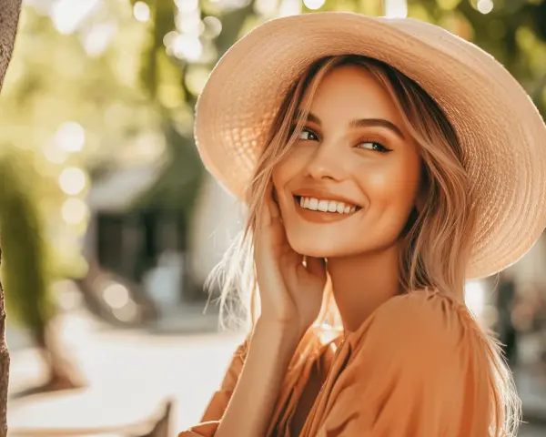 Une femme souriante, chapeau de paille, robe orange, lumière douce. C'est ce que les hommes aiment que les femmes fassent : rayonner de joie.