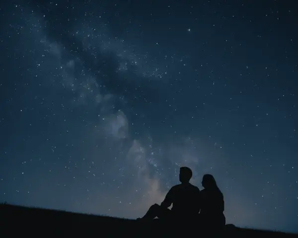 Un couple en silhouette admire la Voie lactée. Une idée de rendez-vous romantique parfait sous les étoiles.