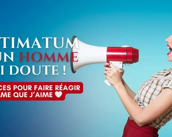 Une femme au style rétro utilise un mégaphone pour poser un ultimatum à un homme indécis. "Astuces pour faire réagir l'homme que j'aime".