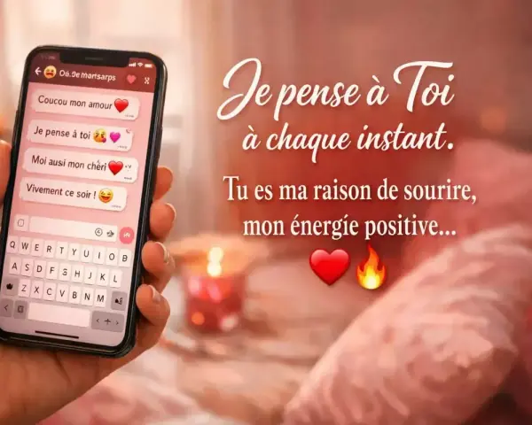 Un téléphone affiche des SMS romantiques, dont un "Vivement ce soir !" pour confirmer un rendez-vous amoureux.