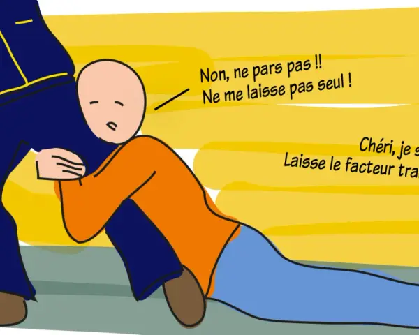 Un homme supplie l'autre de ne pas partir, le serrant fort. "Chéri, je suis là ! Laisse le facteur tranquille !" dit-il, montrant son envie de lui.