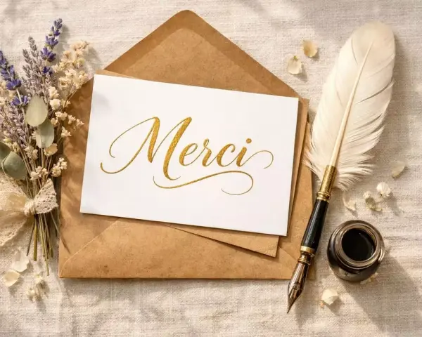Une carte "Merci" dorée, une plume d'oie, un encrier et un bouquet de lavande sur une enveloppe. Merci pour ta présence dans ma vie.