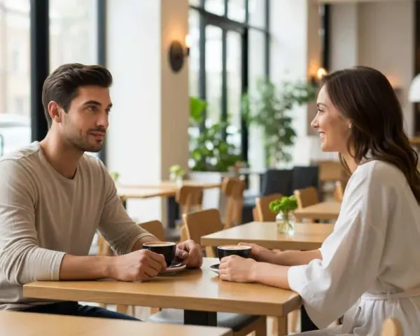 Un couple partage un café, il parle de moi à son entourage, souriant et complice dans un café lumineux.