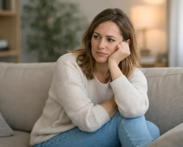 Femme assise sur un canapé, le regard perdu, pensant à quelqu'un qui n'est jamais disponible le week-end.