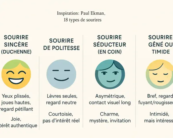Quatre types de sourires illustrés : sincère, de politesse, séducteur et gêné. Le sourire sincère montre une personne intéressée et joyeuse.