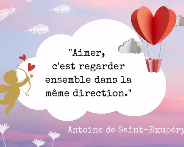 Un ange d'or tire une flèche, entouré de cœurs et de plumes. Une phrase qui touche un homme : "Aimer, c'est regarder ensemble dans la même direction.