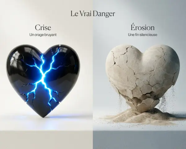 Cœur noir fissuré par des éclairs bleus et cœur en pierre s'effritant en sable. Deux dangers en amour, une crise éclatante et une érosion silencieuse, c'est perdre son temps en amour.