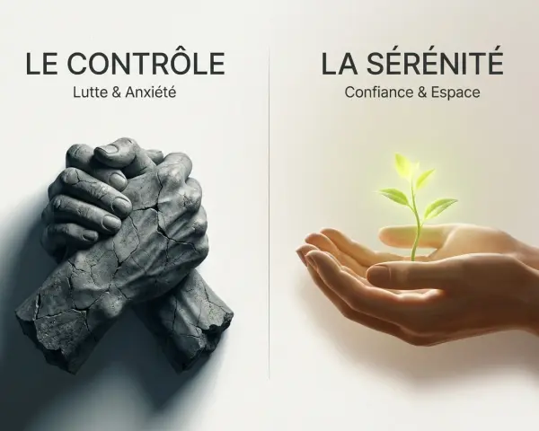 Deux mains en pierre brisée symbolisent le contrôle et l'anxiété. À côté, des mains douces protègent une jeune pousse lumineuse, invitant à apprendre à aimer la sérénité.