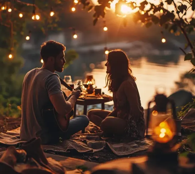 Un couple mature partage un moment romantique au bord de l'eau, éclairé par des guirlandes lumineuses et des lanternes. L'homme joue de la guitare pour sa compagne.