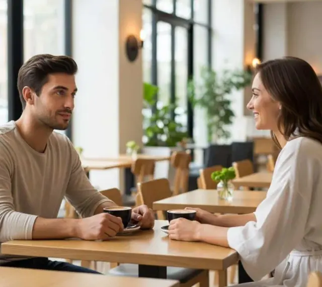 Un couple partage un café, il parle de moi à son entourage, souriant et complice dans un café lumineux.