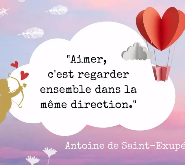 Un ange d'or tire une flèche, entouré de cœurs et de plumes. Une phrase qui touche un homme : "Aimer, c'est regarder ensemble dans la même direction.