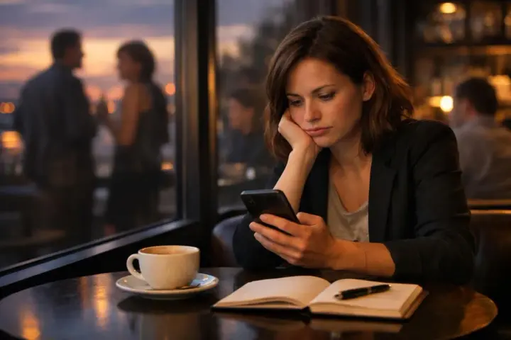 Elle attend, le cœur lourd. Il dit qu'il veut me voir mais annule, encore. La tasse de café refroidit, comme ses espoirs.