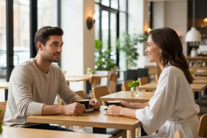Un couple partage un café, il parle de moi à son entourage, souriant et complice dans un café lumineux.